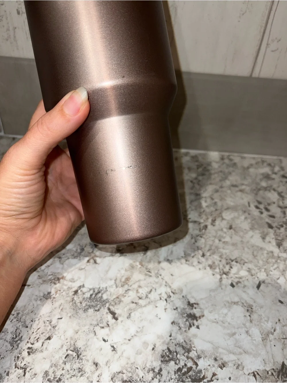 Stanley Brown Travel Tumbler with White Handle and Lid